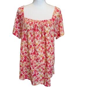 Lands End Top Women's Size XL 18 Floral Pink Lightweight Smocked Short Sleeve